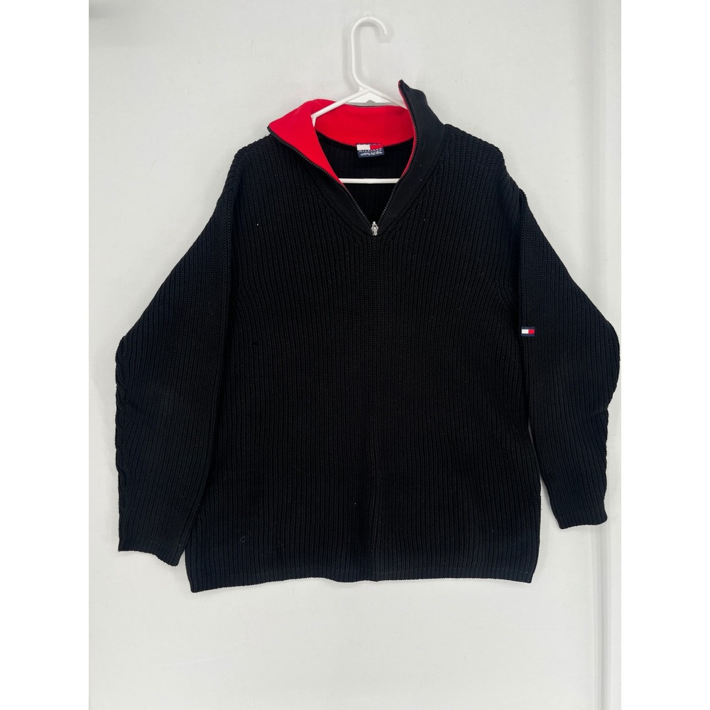 Tommy Hilfiger Quarter Zip Sweater Mens Large Ribbed Cotton Black Red L